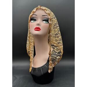 Vintage Mantilla Gold Head Scarf 30" x 18" x 18" Sequin Edged